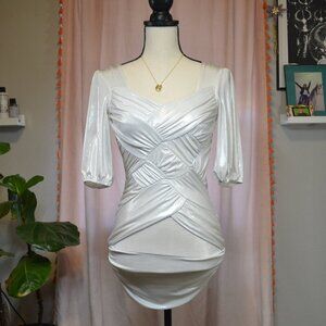 Bebe Vintage Metallic White Ruched Mini Dress Sz. XXS